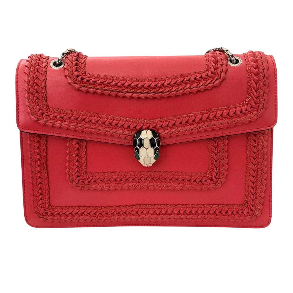 Bulgari Serpenti Forever Red Whipstitch Leather Flap Bag Snakehead Chain w/COA